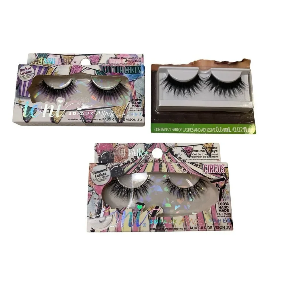 Lot Of 3 Ioni 3D Faux Mink Lashes Wispy Natural Cat Eye Cotton Candy Circus Set